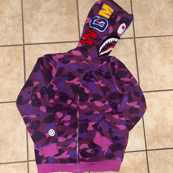 BAPE A BATHING APE PURPLE COLOR CAMO SHARK FULL ZIP HOODIE Men’s Medium - Picture 2 of 14